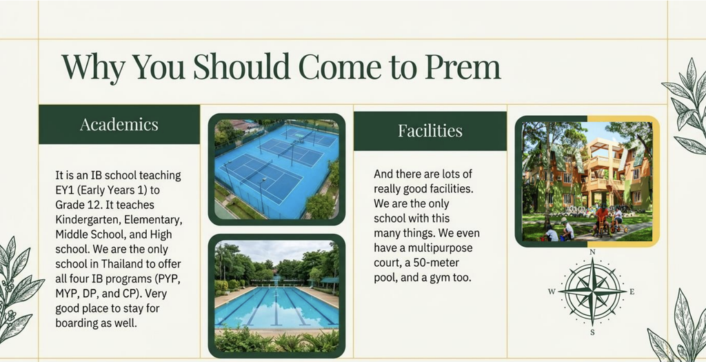 A page from a Grade 5 guide titled “Why You Should Come to Prem”, with short sections on academics and facilities alongside photos of tennis courts, a swimming pool and children playing outside a school building.